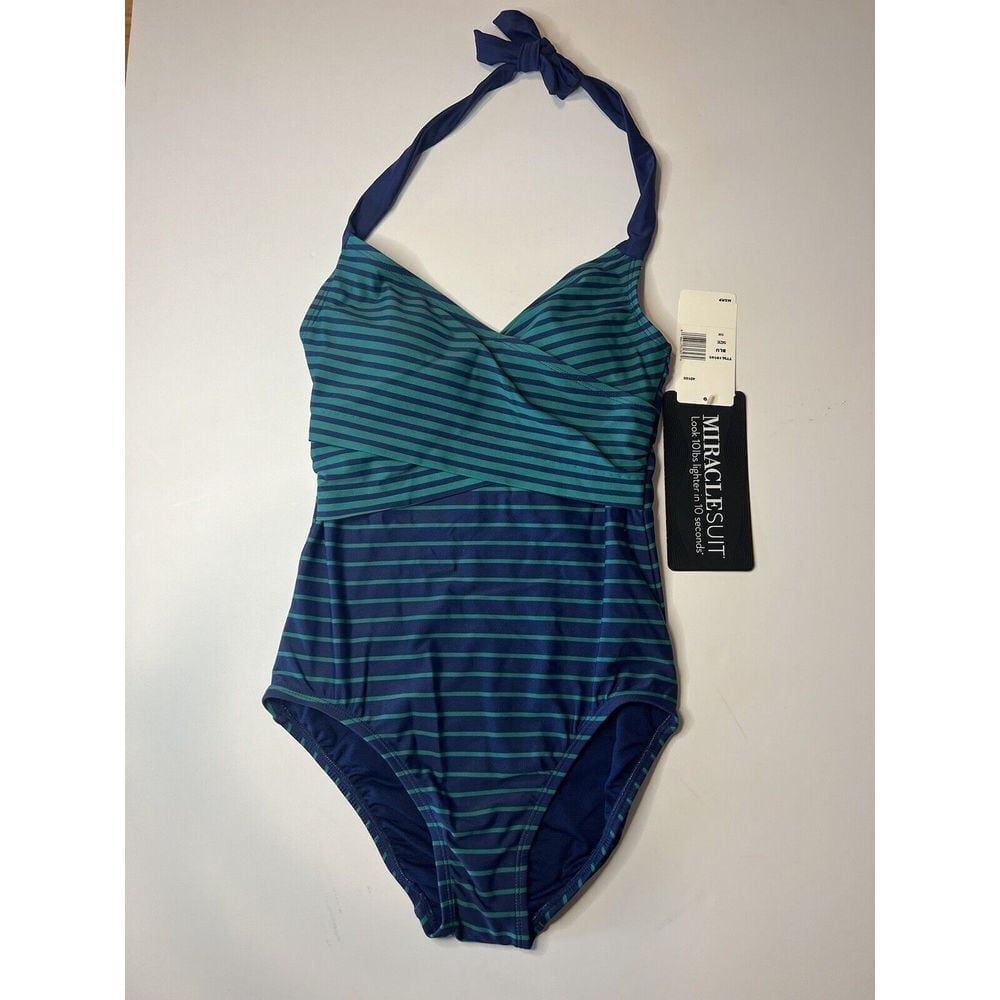 Miraclesuit NWT Size S Padded One Piece Blue Green Stripe Halter Top Slimming